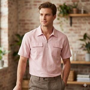Men's Pink Short-Sleeve Zip Polo Shirt